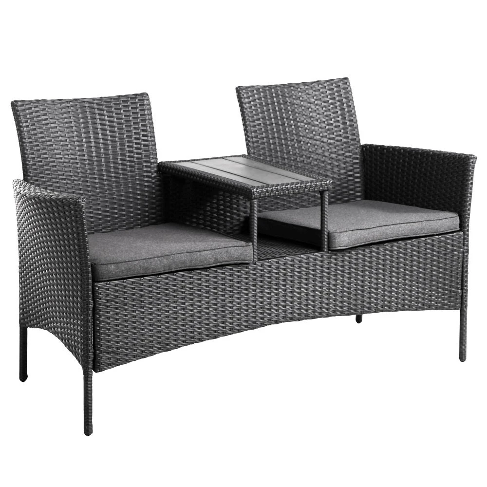 Rattanbank Mit Tisch 2-Sitzer Aus Polyrattan Dunkelgrau