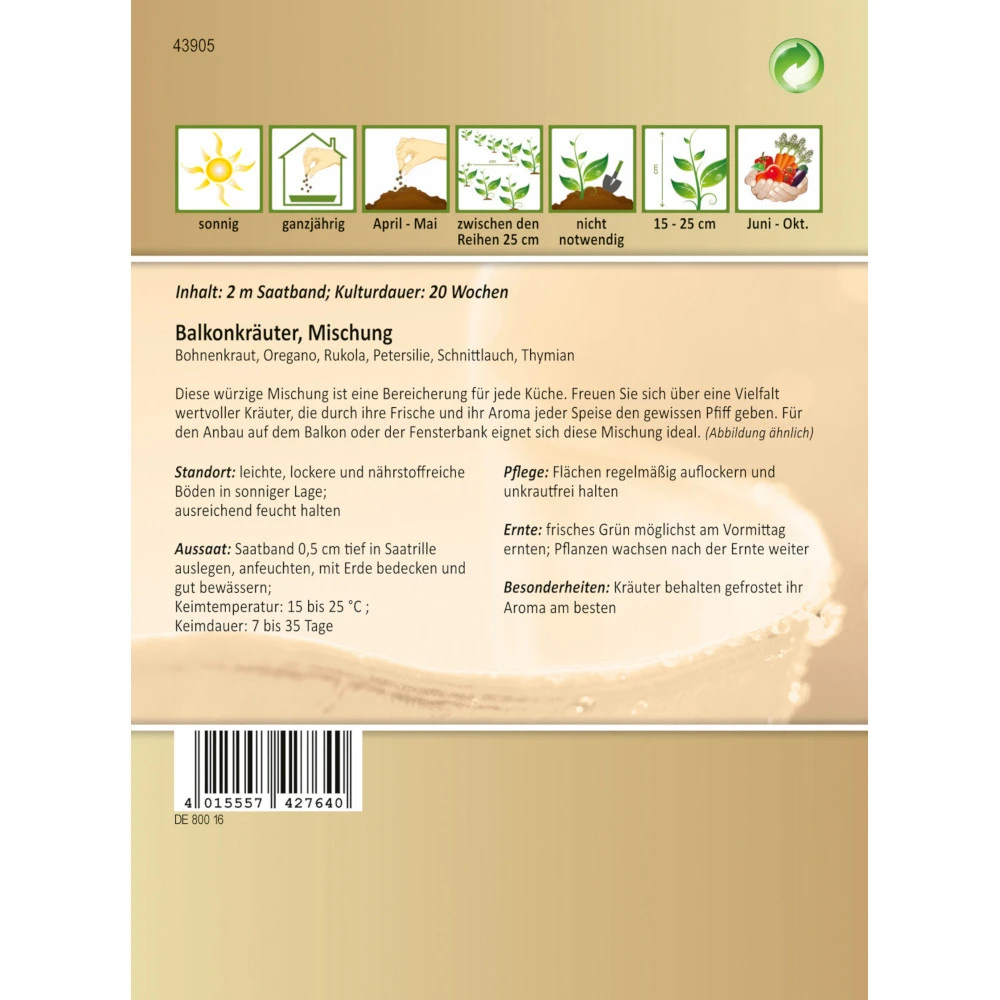 Saatgut Balkonkräuter Mischung, Ca. 2 Meter Saatband Ideal Für Balkon Oder Fensterbank - Image 2