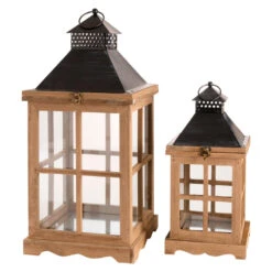 Laterne Aus Kiefernholz/MDF Mit Echtglaseinsatz, 2er Set